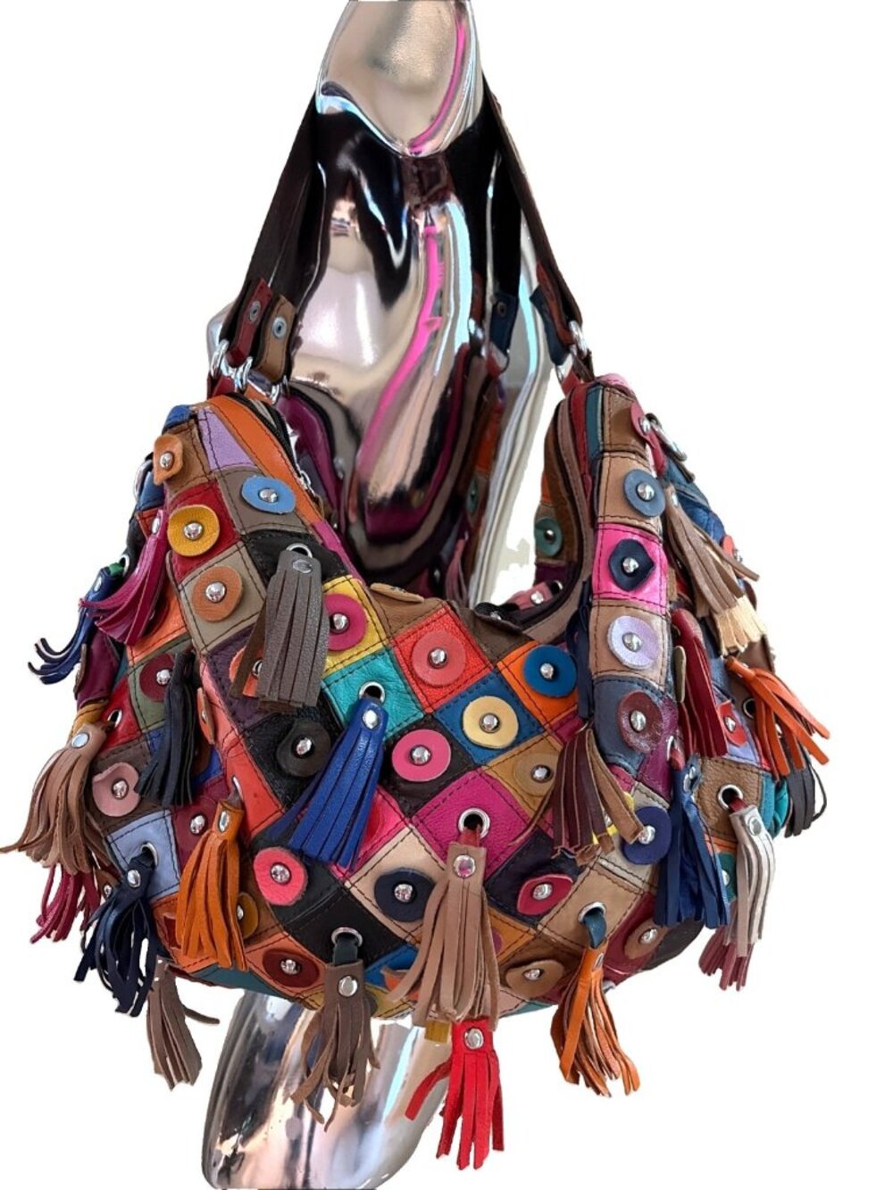 Amerileather Patchwork Leather Double Handle Tote Colorful Tassels Studded Boho